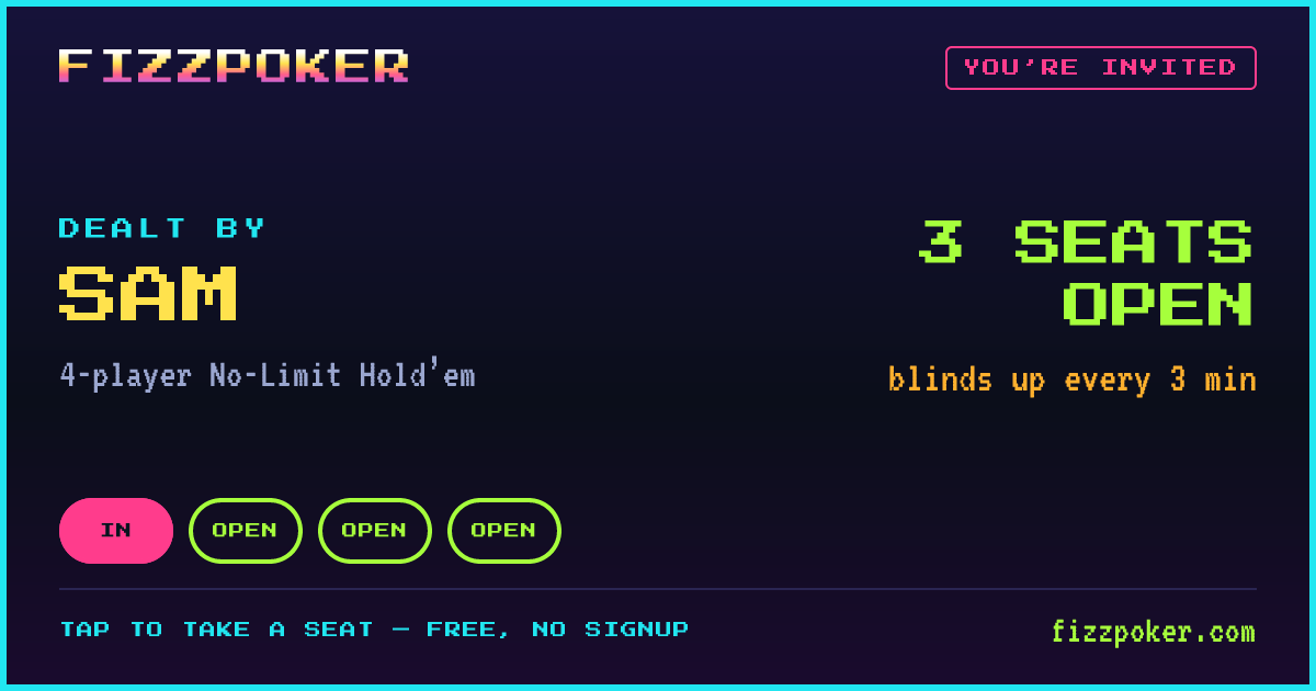 FizzPoker invite card: SAM’s 4-player table with 3 seats open.